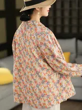 ヴィンテージ風の麻素材カーディガン【春用・花柄・翻訳襟】