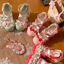 草莓柄リボン付きロリィタシューズ【低ヒール・可愛いデザイン】