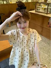 半袖シャツ ラウンドネック リボン付き プリント【夏用・ゆったり・デザイン性・痩せ見え】
