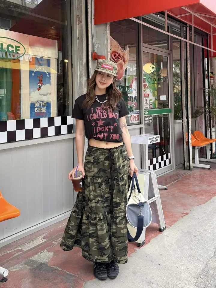 アメリカンヴィンテージ迷彩プリントのフレアスカート【ウエスト  ゴム・抽紐付き・Aラインデザイン】（セットアップ対応）