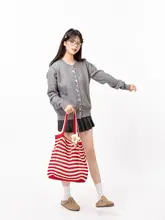 ストライプ柄の赤い編みバッグ【花柄・手提げ・肩掛け対応】