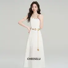 リゾートスタイルのウエストベルトデザインドレス【華やかな装飾・夏用】