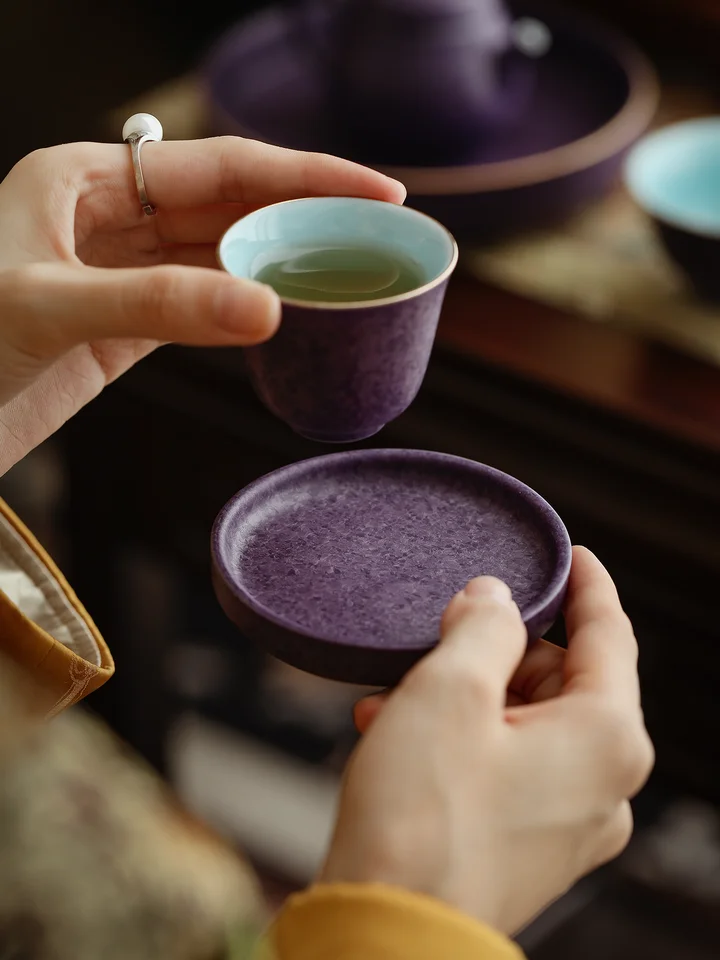 紫色結晶釉の円形カップマット【防熱・茶道用】