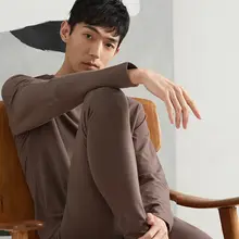 メンズ 丸首コットン長袖シャツとパンツ【薄手・暖かいインナー】（セットアップ対応）