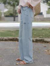 LILI EDIT ハイウエストデニムパンツ【破れデザイン・ストレート・夏用・脚長効果】