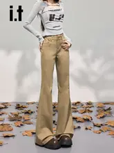 秋季用カジュアルなカキ色マイクラウチジーンズ【女性用・スリムストレート・ドラッグ長さ】