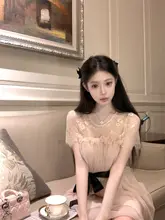 レース切替のリボン付きドールワンピース【カラーブロック・少女感】