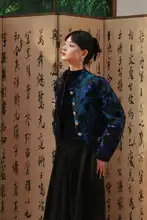 シルクブレンド改良中山装【ブルー・パープル・竹梅柄・ショートジャケット】