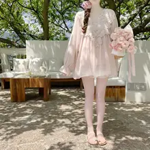 2点セット レディース シフォンブラウス フレンチ風 クロシェレース 長袖 ランタンスリーブ ゆったり 「Dear YN」