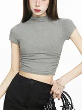 セクシーなフリル付きハイネックショートTシャツ【柔らかい雰囲気・夏用・半袖】