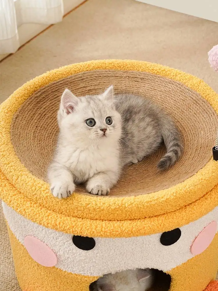 二層構造のキャットタワー：猫用爪とぎ付き・麻素材でストレス対策を実現