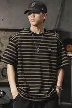 ストライプ柄 メンズ 半袖Tシャツ【コットン・夏用・ルーズフィット・ラウンドネック】