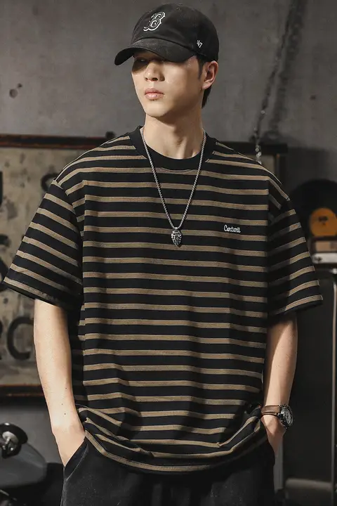 ストライプ柄 メンズ 半袖Tシャツ【コットン・夏用・ルーズフィット・ラウンドネック】