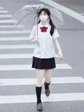 女子向け 基本デザイン ラウンドネックJKシャツ＆プリーツスカートセット【長袖・半袖選択可・学生用】