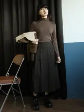 栗色チェック柄ハイウエストスリムフィットスカート【レトロ風・中長丈・秋冬用】（セットアップ対応）