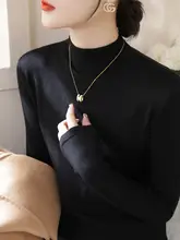 高級グレー半高ネック長袖ウールニットトップス【女性用・フィットデザイン】