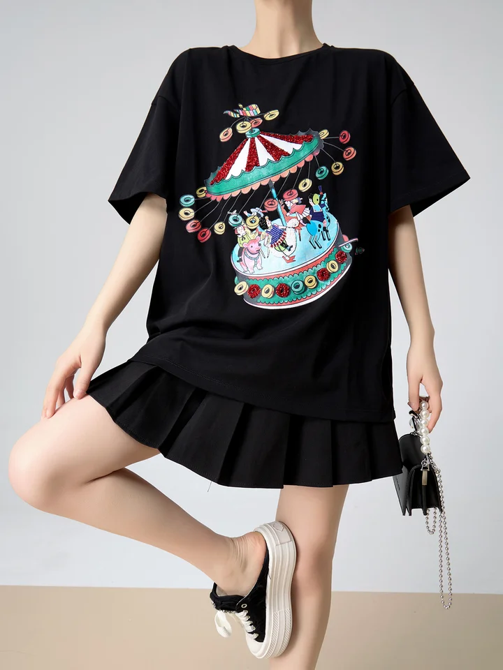 カラフルなカートゥーンスパンコールプリントの短袖Tシャツ【デザイン性の高い・ブラック・スリム効果】