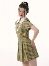 ziziFei 夏用 ポロカラーイエローチェックワンピース【レトロデザイン・ウエストシェイプ・カジュアルスタイル】