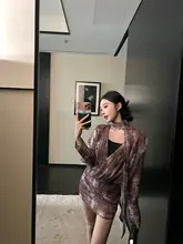 レトロな蛇柄シフォンシャツワンピース【フリル付き・リボンデザイン】