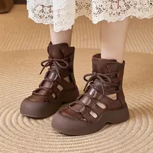 真皮厚底透かしデザイン涼靴【女性用・ヴィンテージスタイル・ショートブーツ】