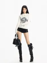 斜め肩デザイン ニットTシャツ【脱着可能な袖付き・細見え・女性用】