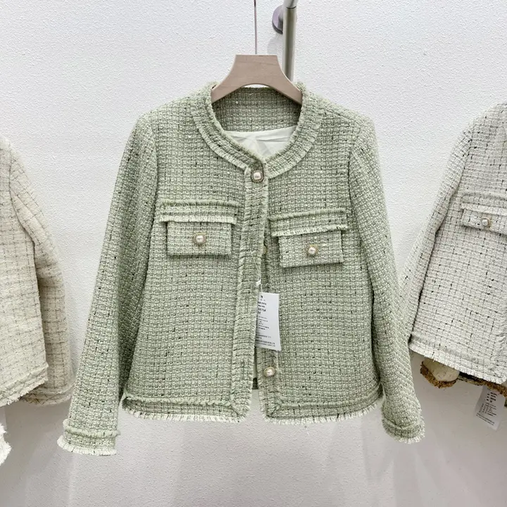 浅緑色のツイード調ジャケット【春秋用・上品デザイン・女性用】