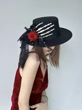 秋冬用 デザインフラワー付きゴシックスタイル のスカルハット【平顶帽子・仮装用】