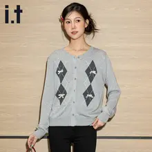 リボン付きダイヤモンド柄ニットカーディガン【ゆったりとした秋用・女性用】（セットアップ対応）