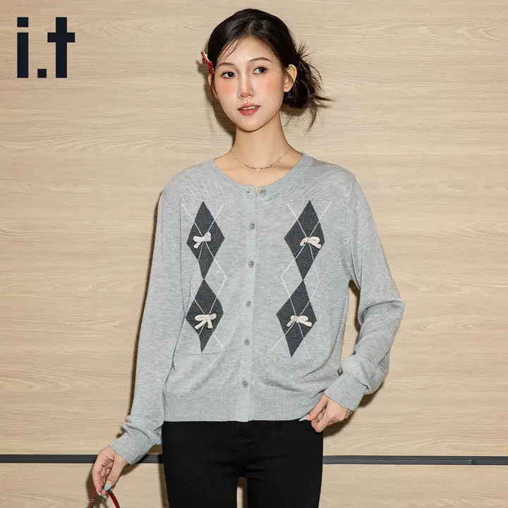 リボン付きダイヤモンド柄ニットカーディガン【ゆったりとした秋用・女性用】（セットアップ対応）