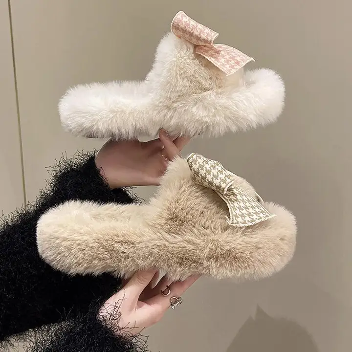 暖かいバタフライリボン付きファーモカシン【女性用・防滑・厚底・外出用】