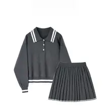 ストライプデザインの学院風ニットトップスとプリーツスカート【長袖・秋用】（セットアップ対応）