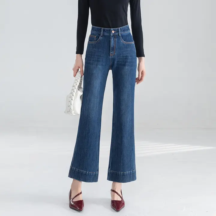 四方向ストレッチ 吸収力あるハイウエストストレートデニムパンツ【女性用・梨型シルエット・スリム効果・九分丈】（セットアップ対応）