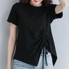 デザイン感のある不規則抽紐トップス【夏用・大きいサイズ・ゆったり・半袖】