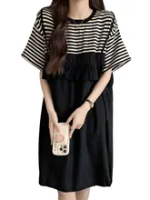 ストライプ柄 半袖 サス付ワンピース【夏用・フィット・大きいサイズ・体型カバー・エレガント】（セットアップ対応）