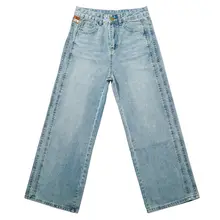 高腰ストレートデニムパンツ【春秋用・薄い青・スリムフィット】