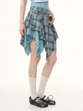 不規則なパッチワークデザインのブ  ルーチェックハイウエストミニスカート【夏用・女性用・スリムシルエット】（セットアップ対応）