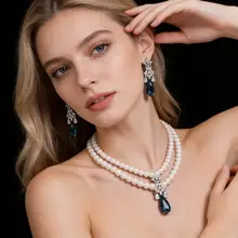 おしゃれな二重パールとジルコニアのネックレス【水滴デザイン・高級感あるお呼ばれアクセサリー】（セットアップ対応）