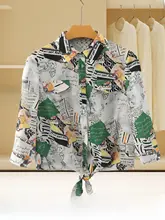 春用のシンプルデザイン！雪纺プリントブラウス【トレンド感あるリボン付き・通勤用】