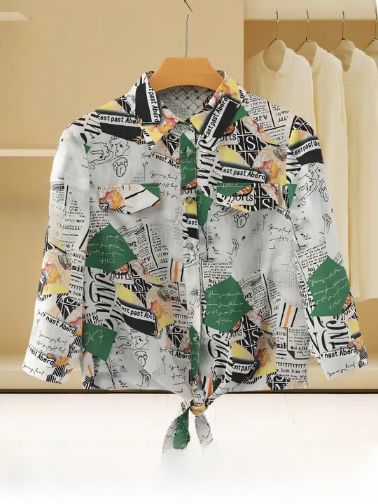 春用のシンプルデザイン！雪纺プリントブラウス【トレンド感あるリボン付き・通勤用】