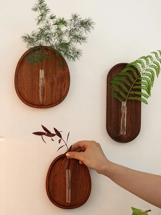 木製ガラス試験管花瓶【壁掛け・水耕栽培・小型グリーン植物用・個性的なインテリア装飾】