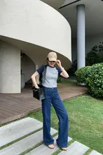 レディース ヴィンテージ風デニムパンツ【ブルー・ワイドフィット・ストレート】（セットアップ対応）