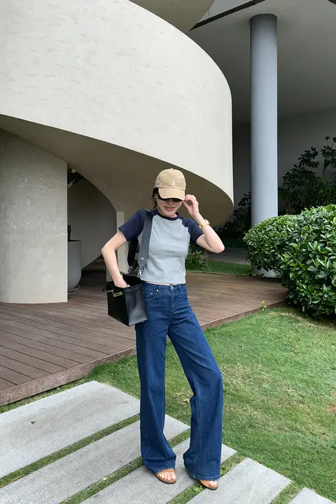 レディース ヴィンテージ風デニムパンツ【ブルー・ワイドフィット・ストレート】（セットアップ対応）