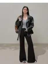 高ウエスト ブラックデニムパンツ【スリムフィット・フレアデザイン・大きいサイズ】（セットアップ対応）