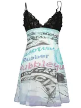 個性的なグラフィックプリントのレースキャミソールドレス【セクシーなVネック・短丈】