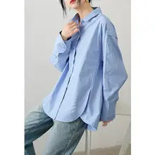 オーバーサイズ デザイン衿 ブルー レディースシャツ【ビンテージ風・ゆったりシルエット】