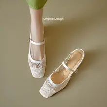 羊皮製のフレンチスタイルメッシュ通気性ブロックヒールサンダル【オープントゥ・女性用・スカートとのコーディネートに最適】