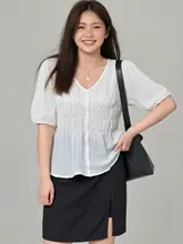 個性的なデザインの大きいサイズ レディースVネックシャツ【夏用・お腹をカバー】
