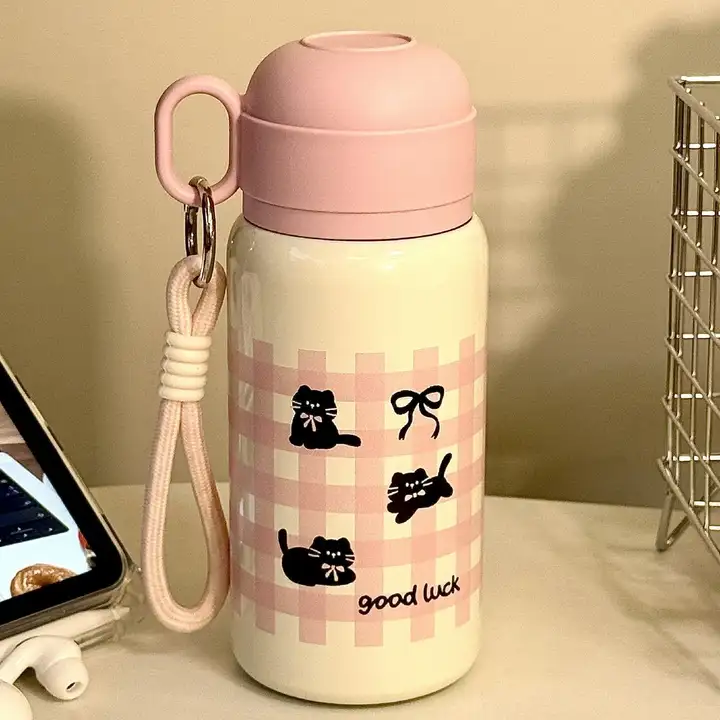 316ステンレス製魔法瓶【かわいい猫デザイン・ストロー付き・学生向け】