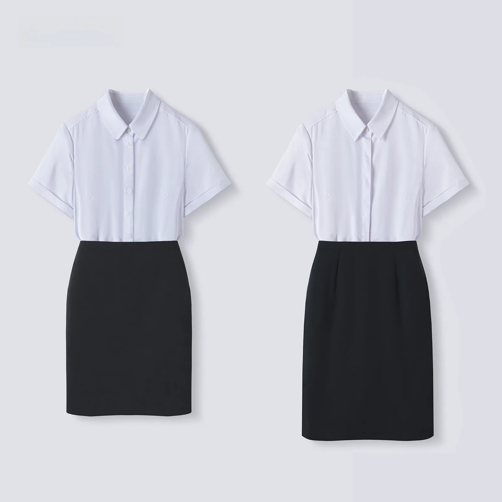 40代研修にふさわしい女性の服装：ブルーの職業用ブラウス【夏用・短袖・スリムフィット】
