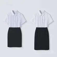 ブルーの職業用ブラウス【夏用・短袖・スリムフィット・大学生向け】（セットアップ対応）